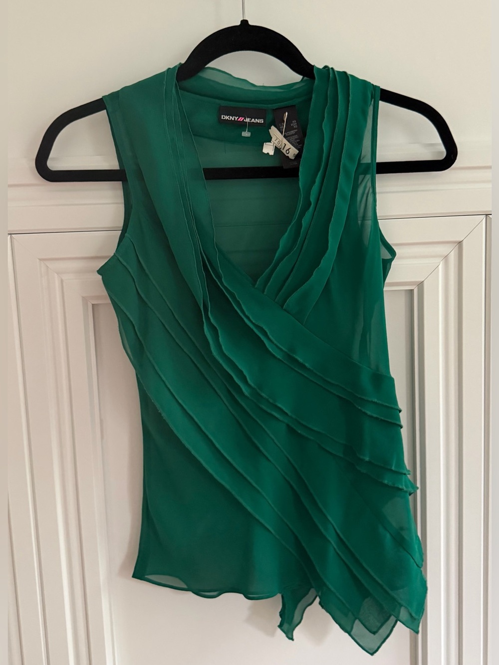 Y2K DKNY Jeans Emerald Green Tiered Chiffon Asymmetric Top XS